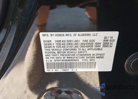 2019 Honda Passport Elite z USA, uszkodzony, nr VIN 5FNYF8H06KB009049